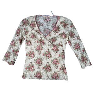 Forever 21‎ Shirt Womens Medium Ivory Pink Floral Babydoll 2000s Y2K Vintage